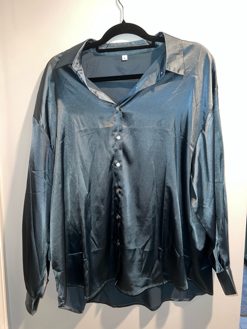 Satin Button-Up Shirt in Shimmery Teal